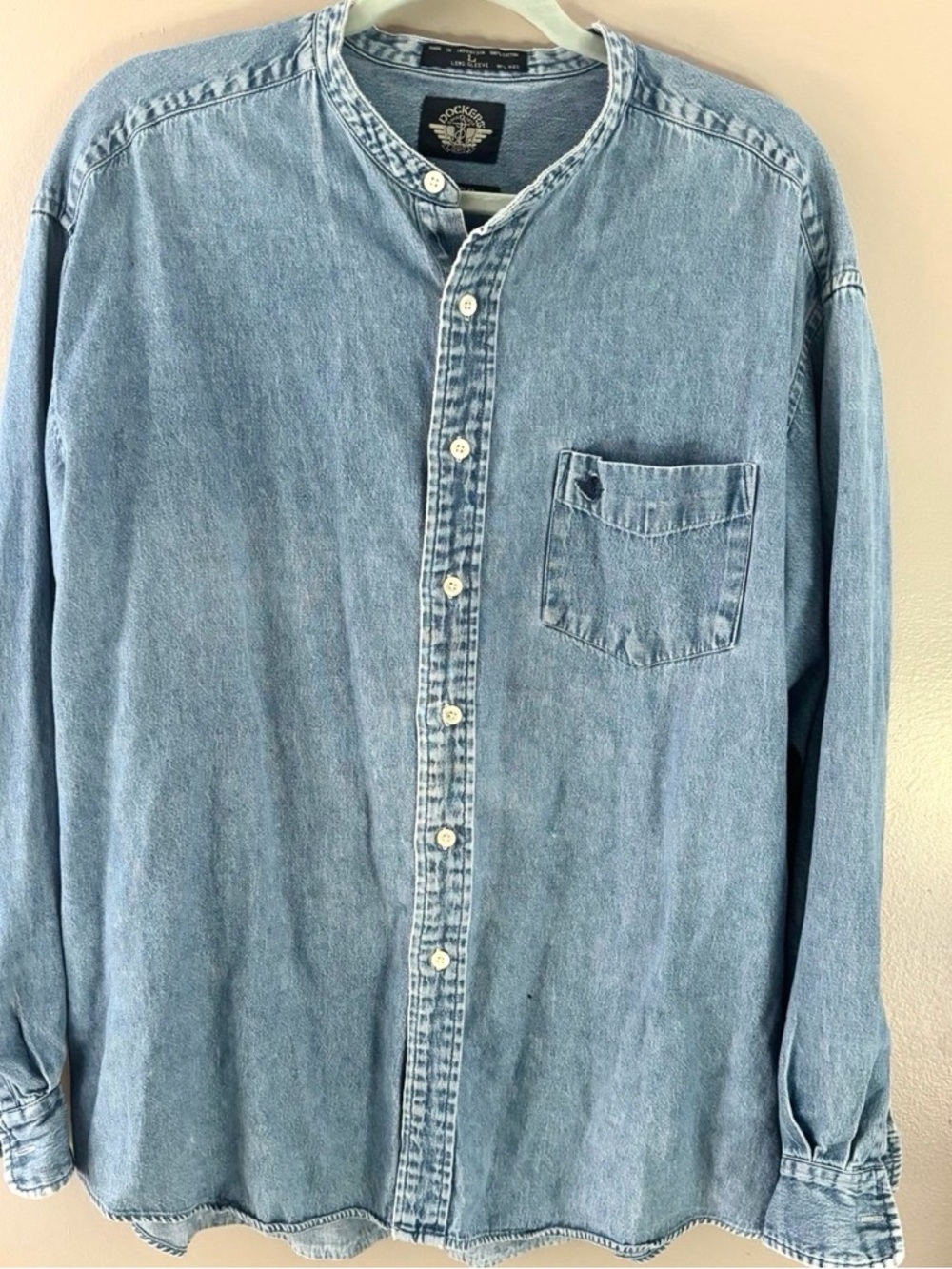 Vintage 90s Dockers Denim Band Collar Shirt Women's Large Indigo Cotton Blue
